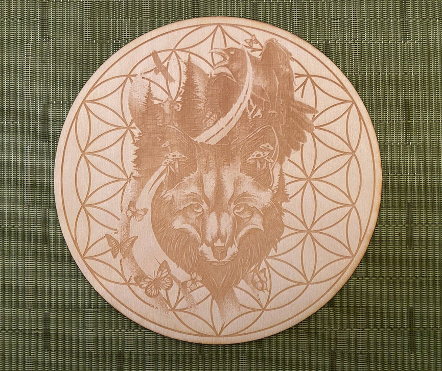 Fox Raven Flower of Life Crystal Grid