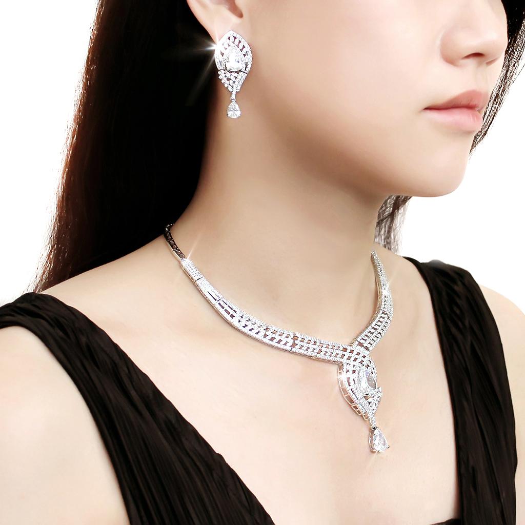 3W1415 - Rhodium Brass Jewelry Sets with AAA Grade CZ in Clear