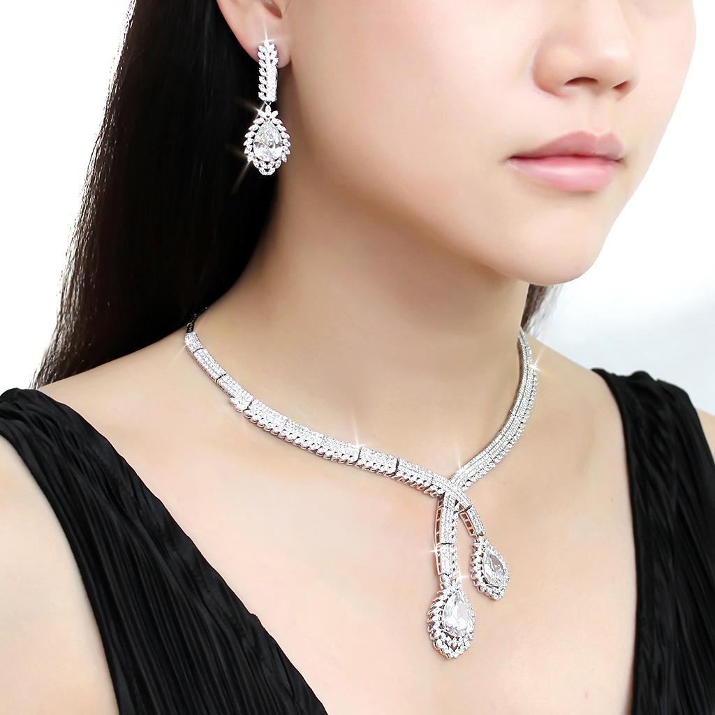 3W1416 - Rhodium Brass Jewelry Sets with AAA Grade CZ in Clear