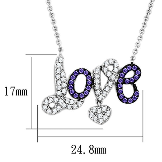 3W414 - Rhodium + Ruthenium Brass Necklace with AAA Grade CZ in Amethyst