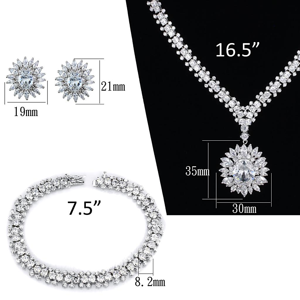 3W927 - Rhodium Brass Jewelry Sets with AAA Grade CZ in Clear