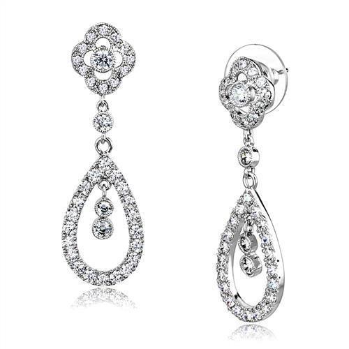 3W1351 - Rhodium Brass Earrings with AAA Grade CZ in Clear