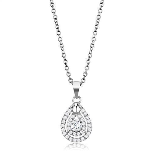 3W1376 - Rhodium 925 Sterling Silver Chain Pendant with AAA Grade CZ in Clear