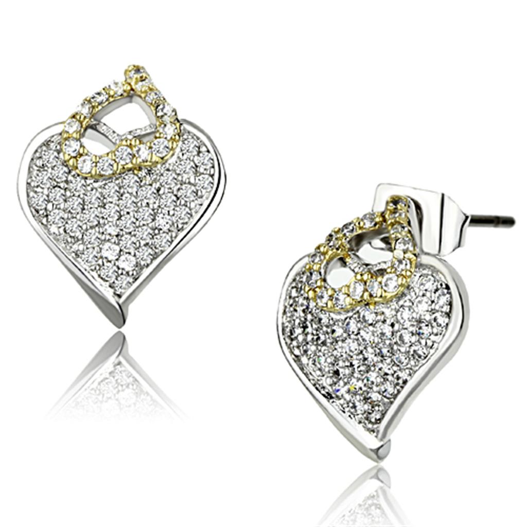 3W356 - Reverse Two-Tone Brass Earrings with AAA Grade CZ in Clear