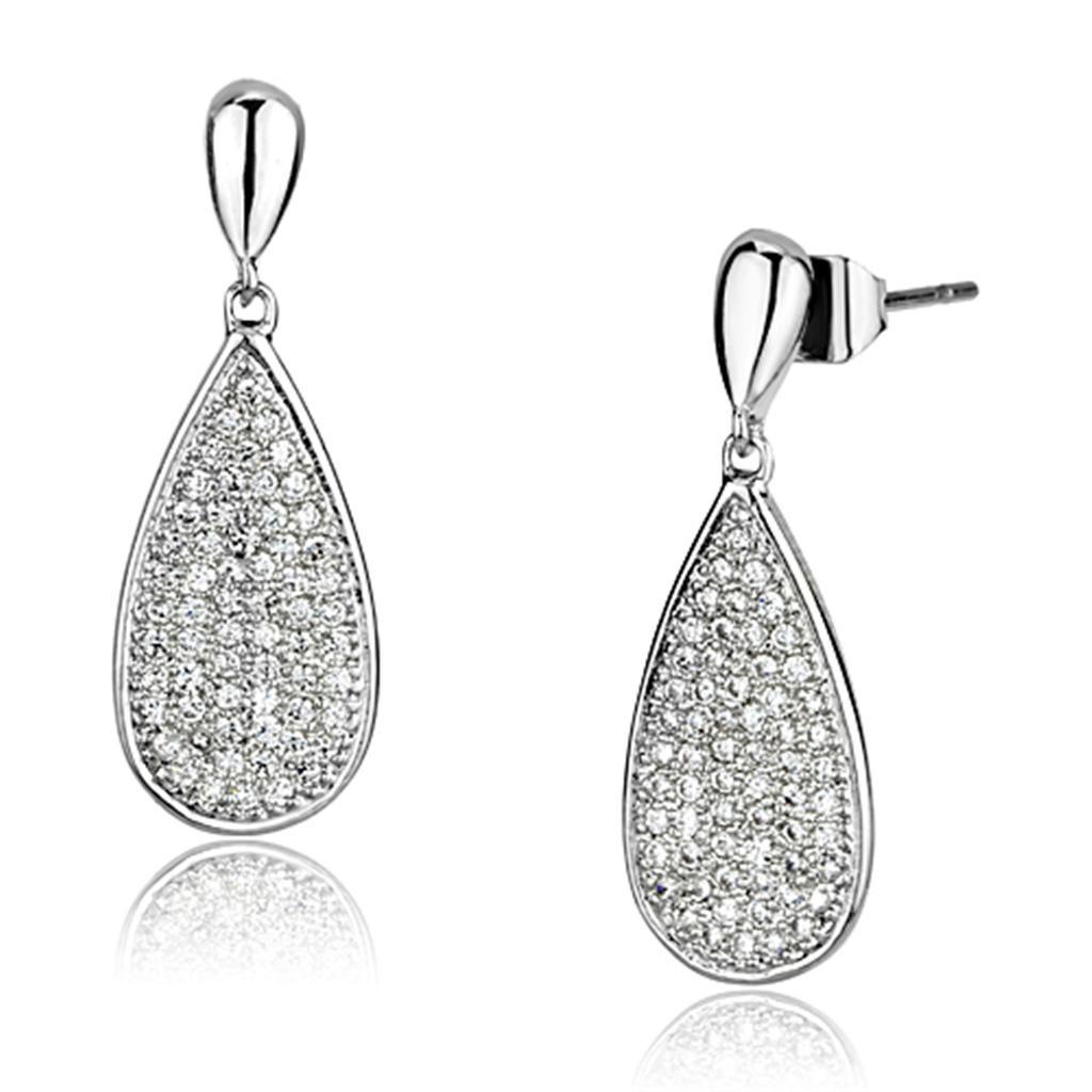 3W380 - Rhodium Brass Earrings with AAA Grade CZ in Clear