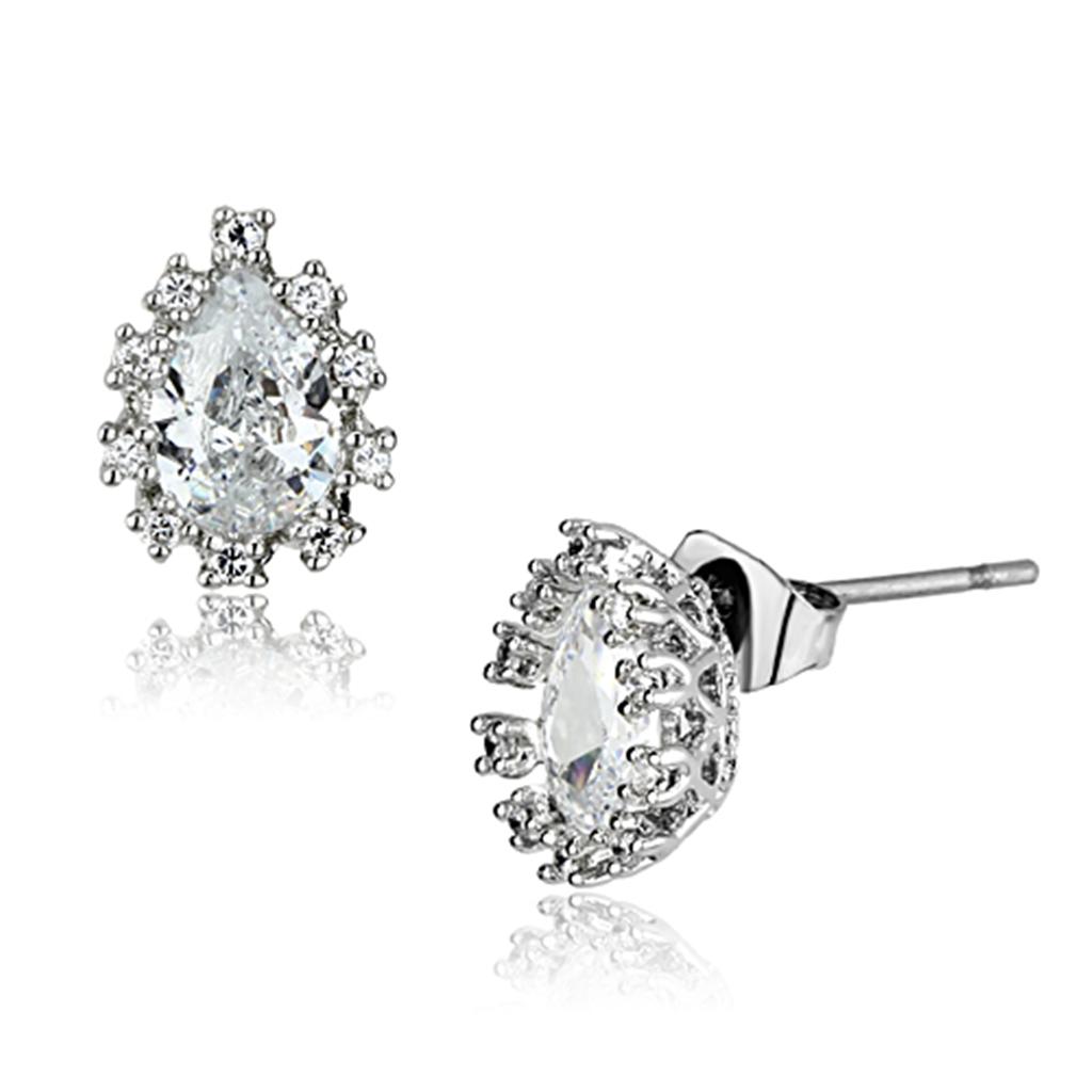 3W386 - Rhodium Brass Earrings with AAA Grade CZ in Clear