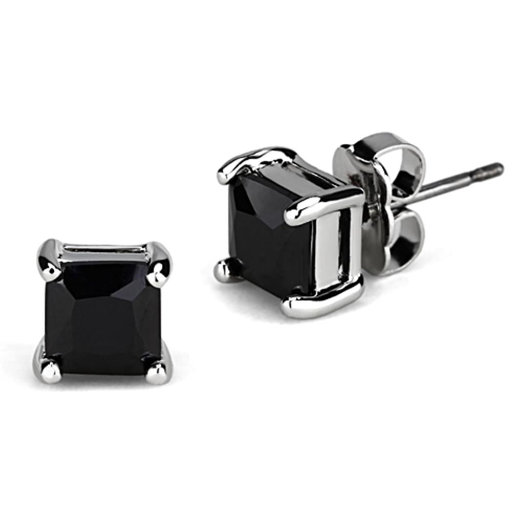 3W541 - Rhodium Brass Earrings with AAA Grade CZ in Black Diamond