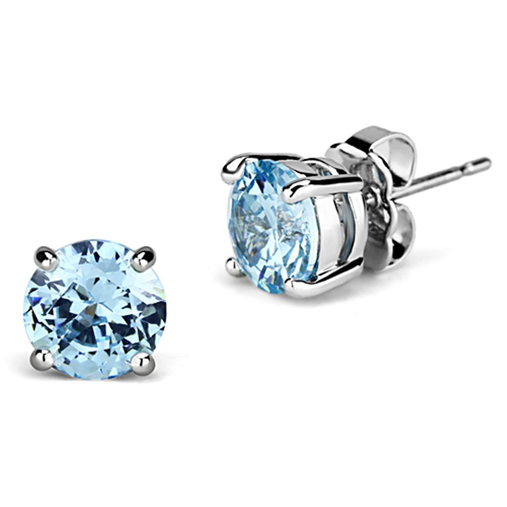 3W546 - Rhodium Brass Earrings with AAA Grade CZ in Sea Blue