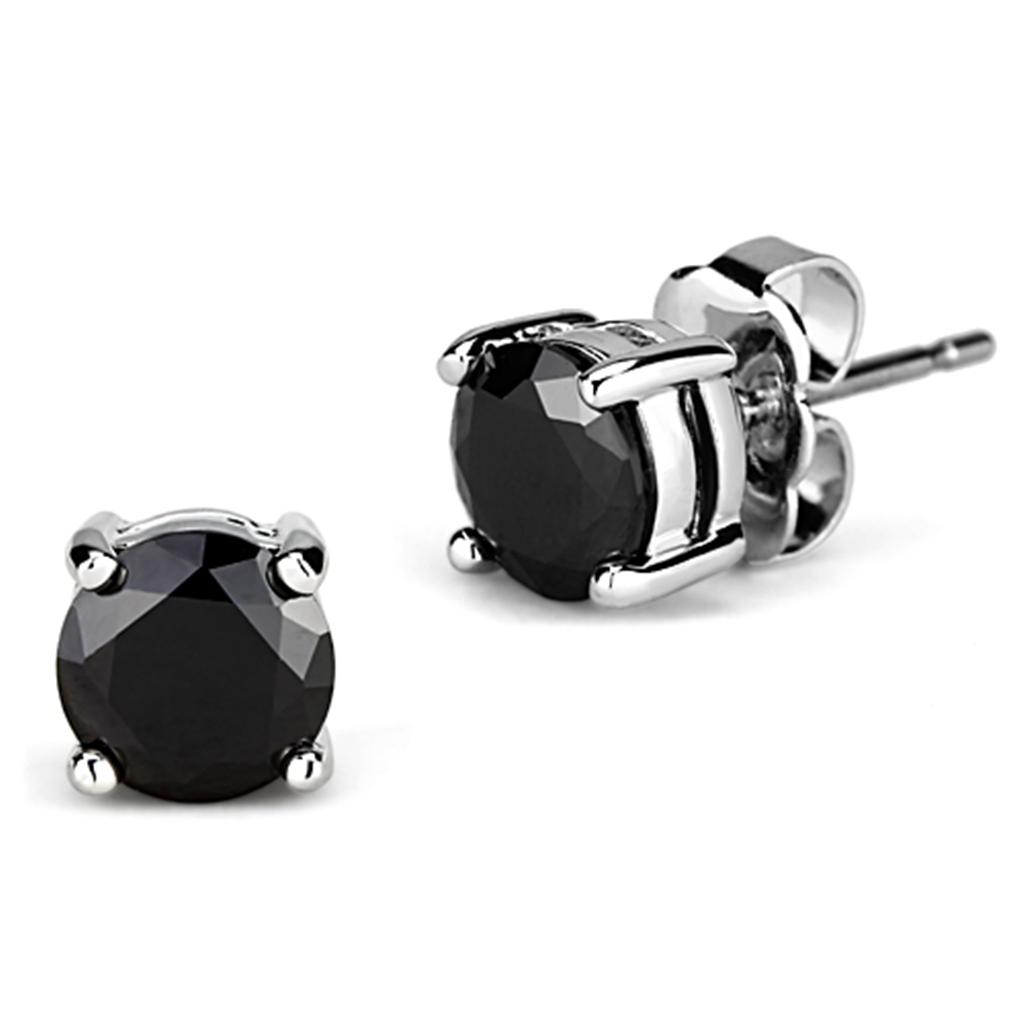 3W555 - Rhodium Brass Earrings with AAA Grade CZ in Black Diamond