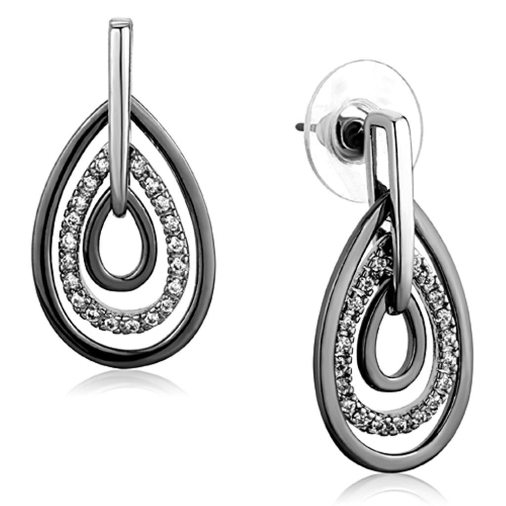 3W616 - Rhodium + Ruthenium Brass Earrings with AAA Grade CZ in Clear