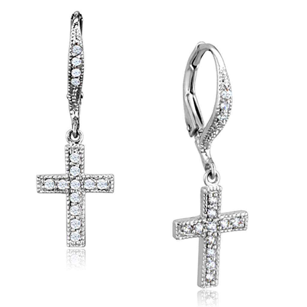 3W688 - Rhodium Brass Earrings with AAA Grade CZ in Clear