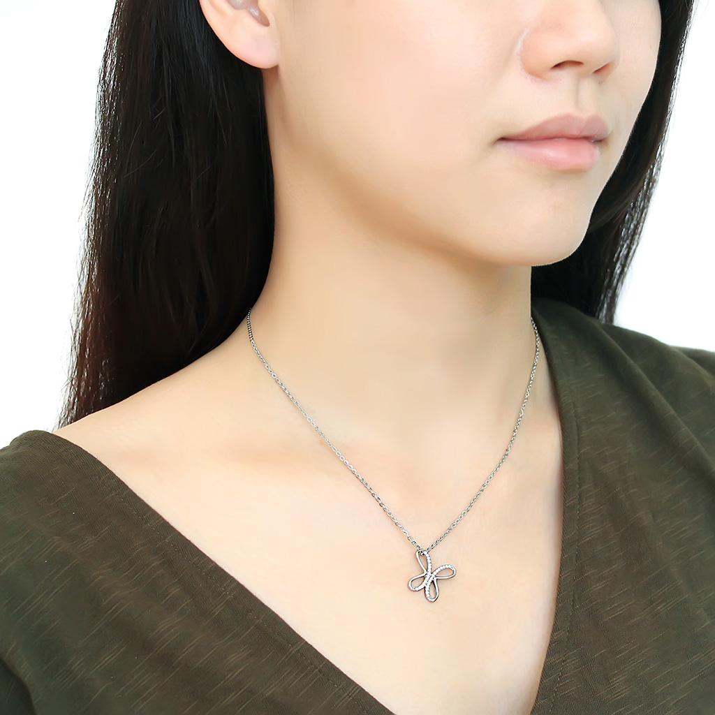 DA093 - High polished (no plating) Stainless Steel Chain Pendant with AAA Grade CZ in Clear