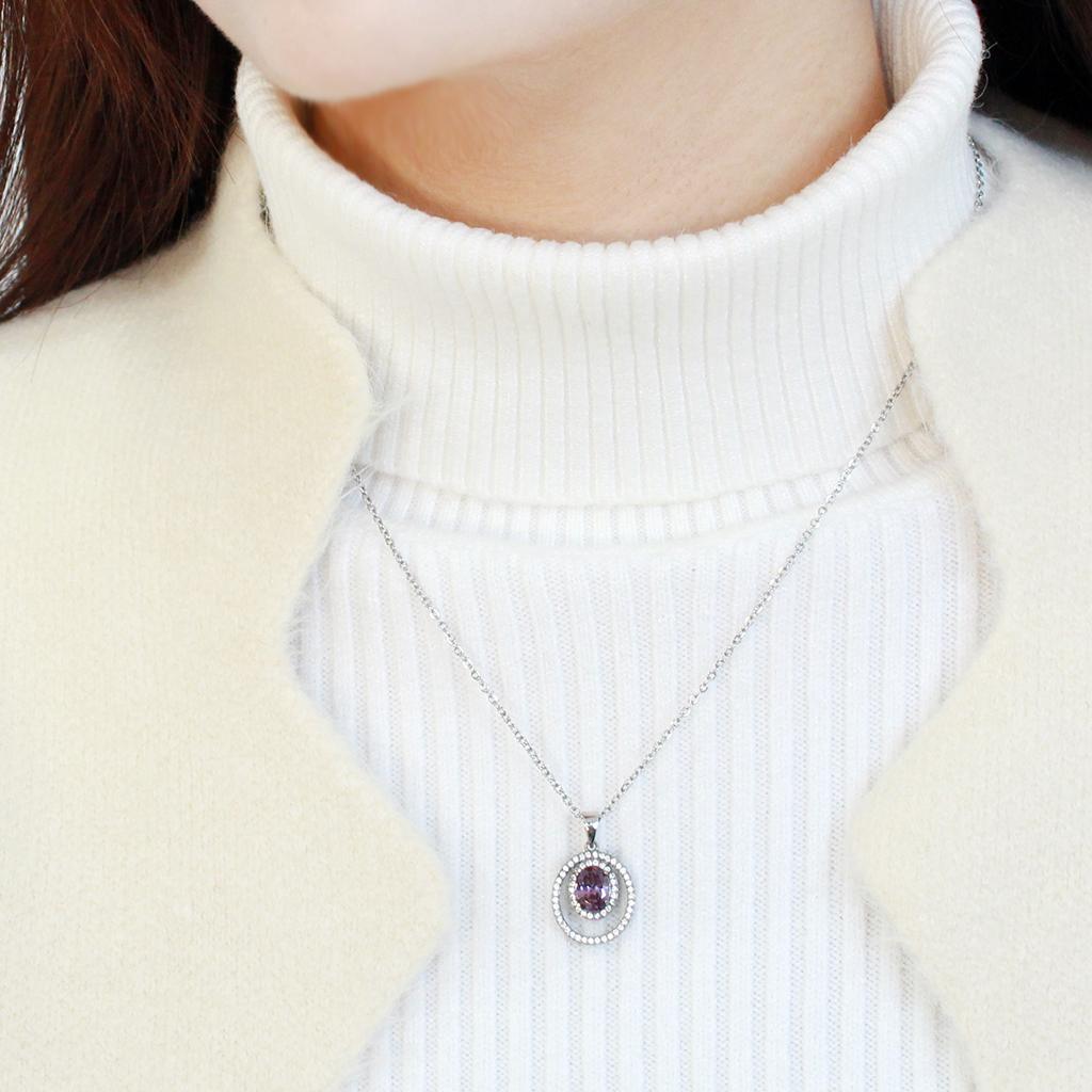 DA300 - High polished (no plating) Stainless Steel Chain Pendant with AAA Grade CZ in Amethyst