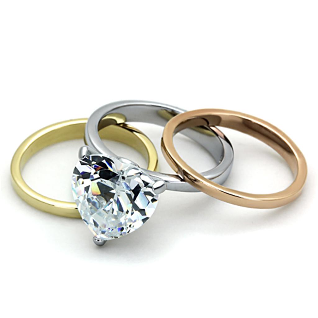 TK1275 - Three Tone IP(IP Gold & IP Rose Gold & High Polished) Stainless Steel Ring with AAA Grade CZ in Clear
