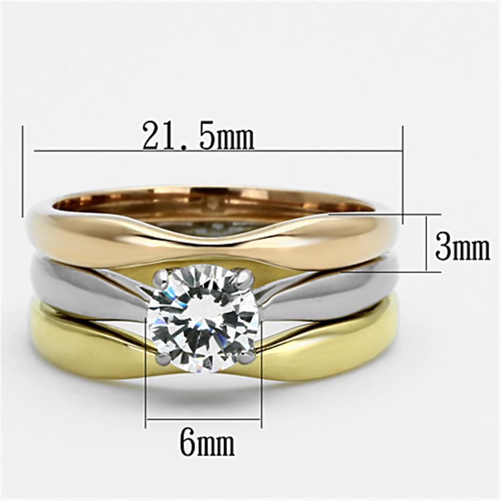 TK1278 - Three Tone IP(IP Gold & IP Rose Gold & High Polished) Stainless Steel Ring with AAA Grade CZ in Clear