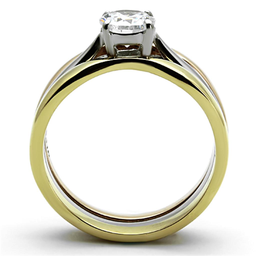 TK1278 - Three Tone IP(IP Gold & IP Rose Gold & High Polished) Stainless Steel Ring with AAA Grade CZ in Clear