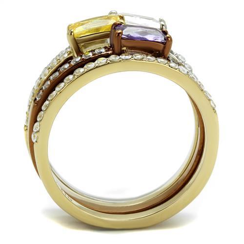 TK2960 - Three Tone IP(IP Gold & IP Light coffee & High Polished) Stainless Steel Ring with AAA Grade CZ in Multi Color