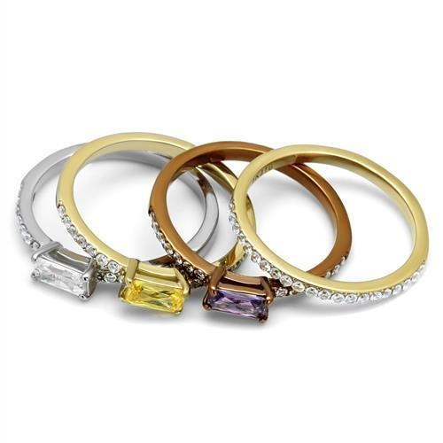 TK2960 - Three Tone IP(IP Gold & IP Light coffee & High Polished) Stainless Steel Ring with AAA Grade CZ in Multi Color