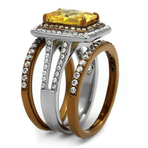 TK2962 - Two Tone IP Light Brown (IP Light coffee) Stainless Steel Ring with AAA Grade CZ in Topaz
