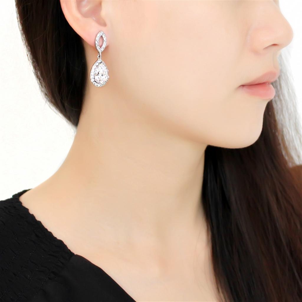 TK3474 - High polished (no plating) Stainless Steel Earrings with AAA Grade CZ in Clear