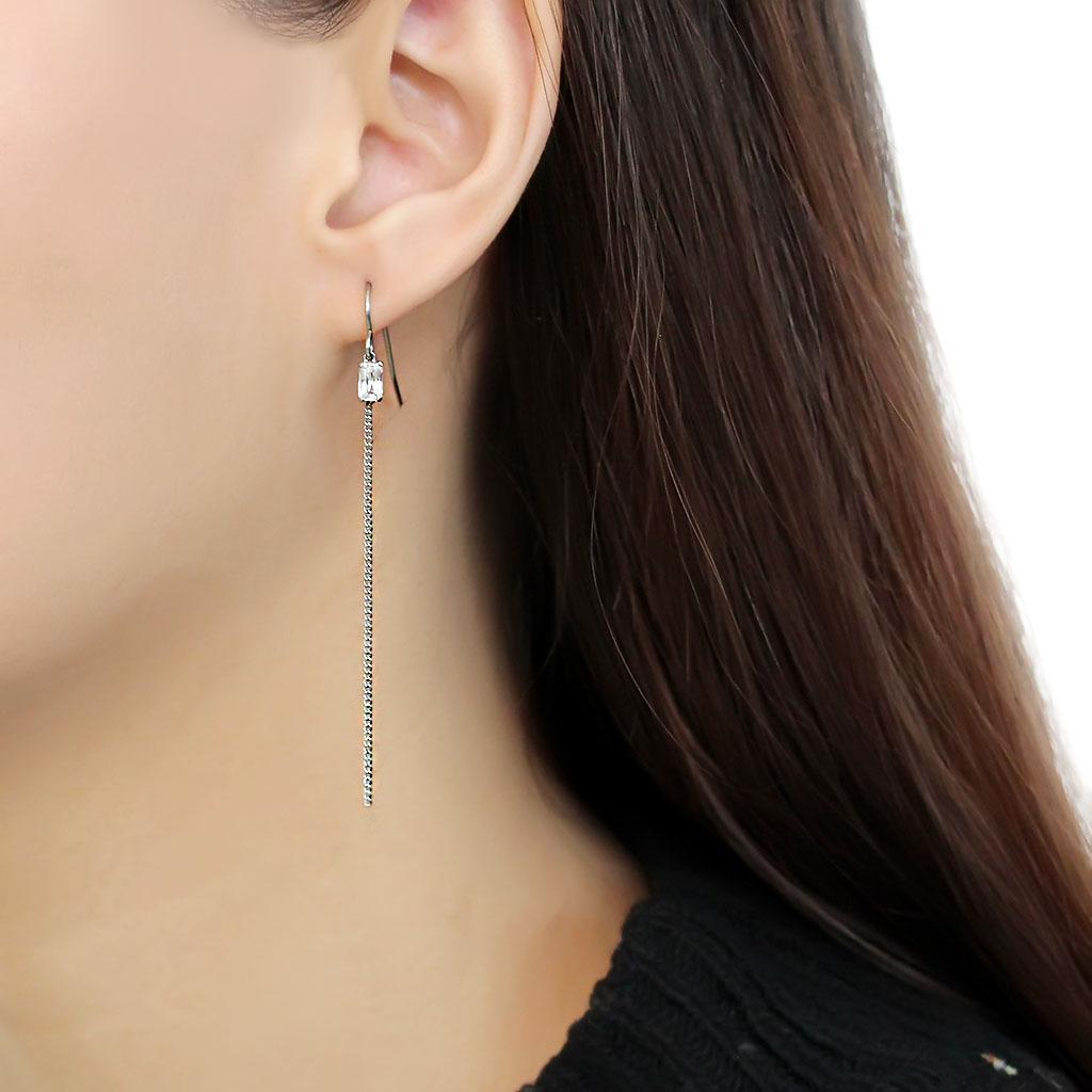 TK3599 - High polished (no plating) Stainless Steel Earrings with AAA Grade CZ in Clear
