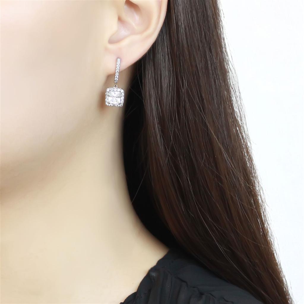 TK3651 - High polished (no plating) Stainless Steel Earrings with AAA Grade CZ in Clear