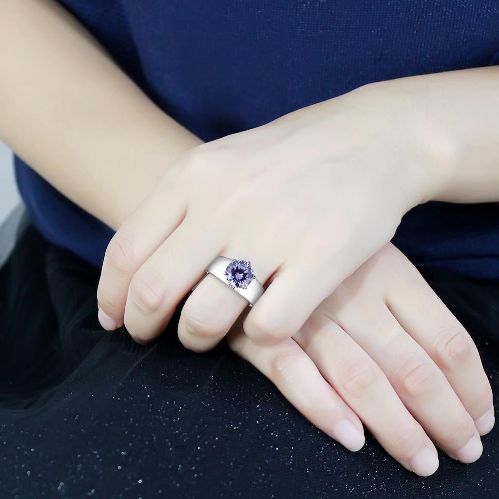 TK52006 - High polished (no plating) Stainless Steel Ring with AAA Grade CZ in Light Amethyst