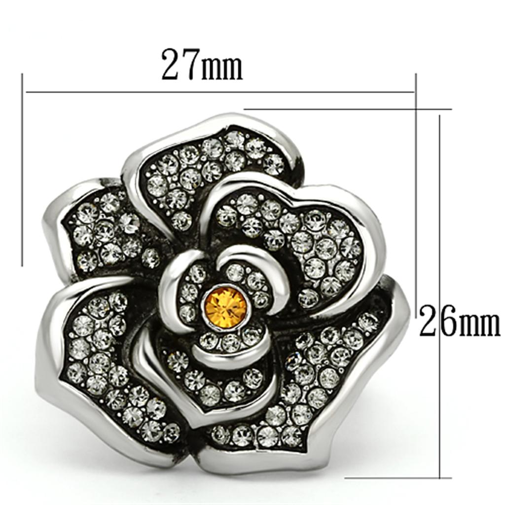 TK924 - High polished (no plating) Stainless Steel Ring with Top Grade Crystal in Topaz