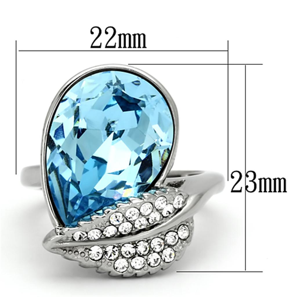 TK930 - High polished (no plating) Stainless Steel Ring with Top Grade Crystal in Sea Blue