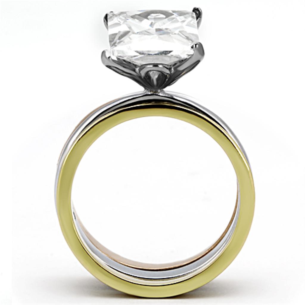 TK962 - Three Tone IP(IP Gold & IP Rose Gold & High Polished) Stainless Steel Ring with AAA Grade CZ in Clear