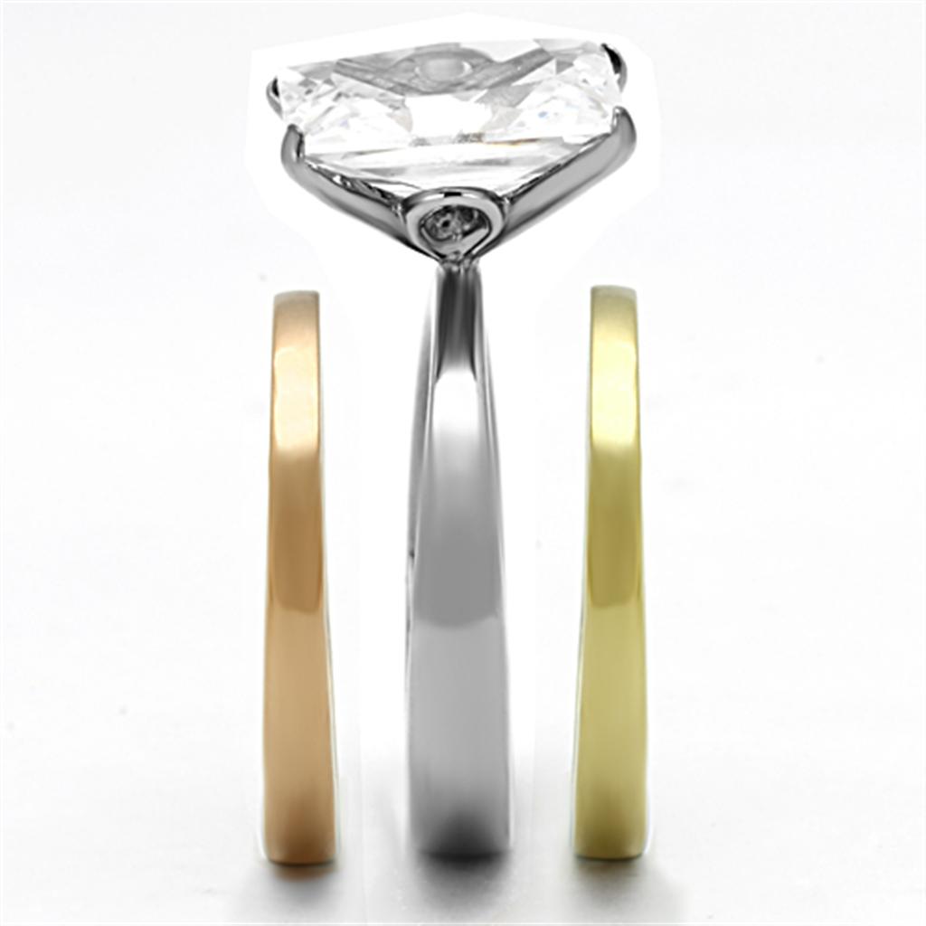 TK962 - Three Tone IP(IP Gold & IP Rose Gold & High Polished) Stainless Steel Ring with AAA Grade CZ in Clear