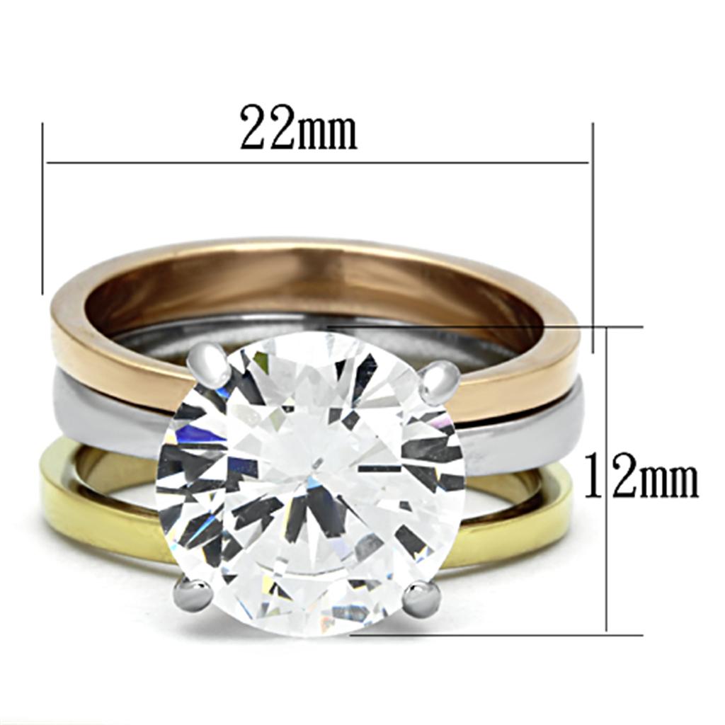 TK963 - Three Tone (IP Gold & IP Rose Gold & High Polished) Stainless Steel Ring with AAA Grade CZ in Clear