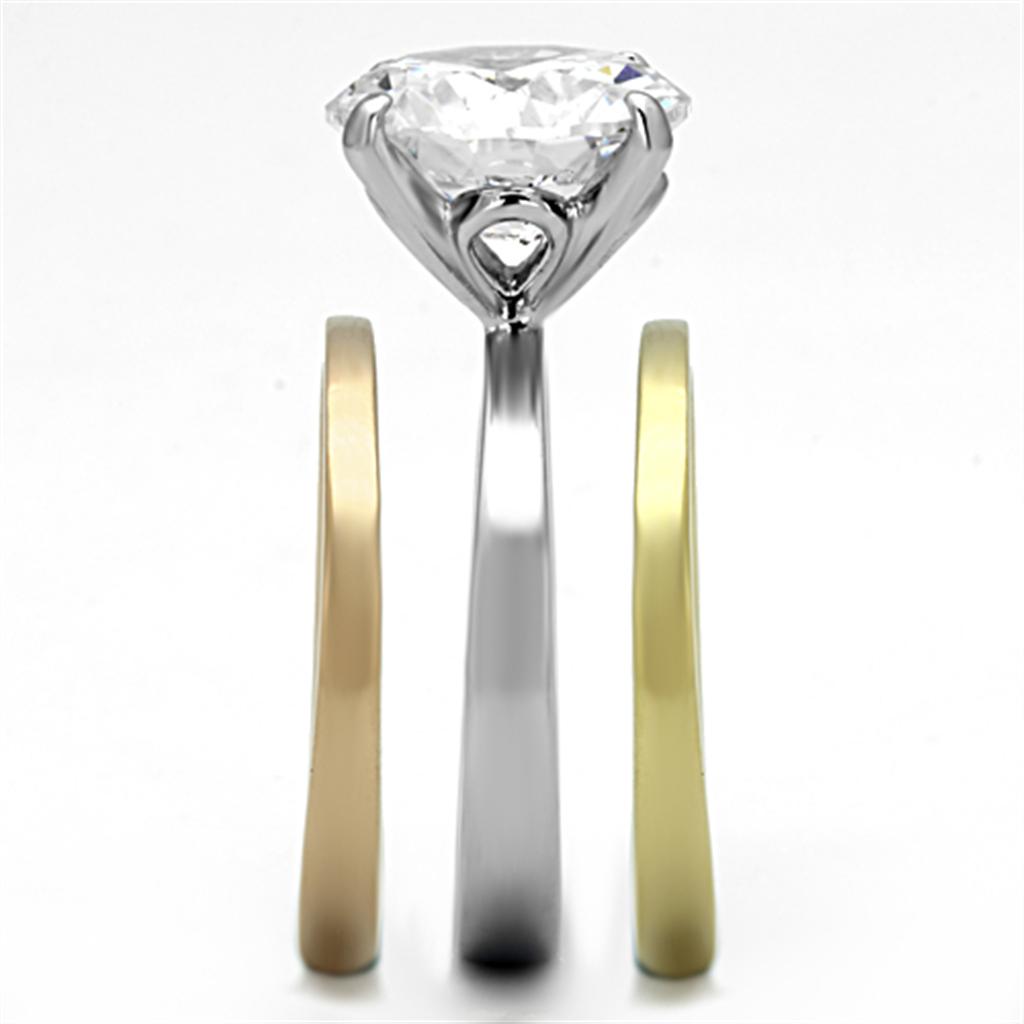 TK963 - Three Tone (IP Gold & IP Rose Gold & High Polished) Stainless Steel Ring with AAA Grade CZ in Clear