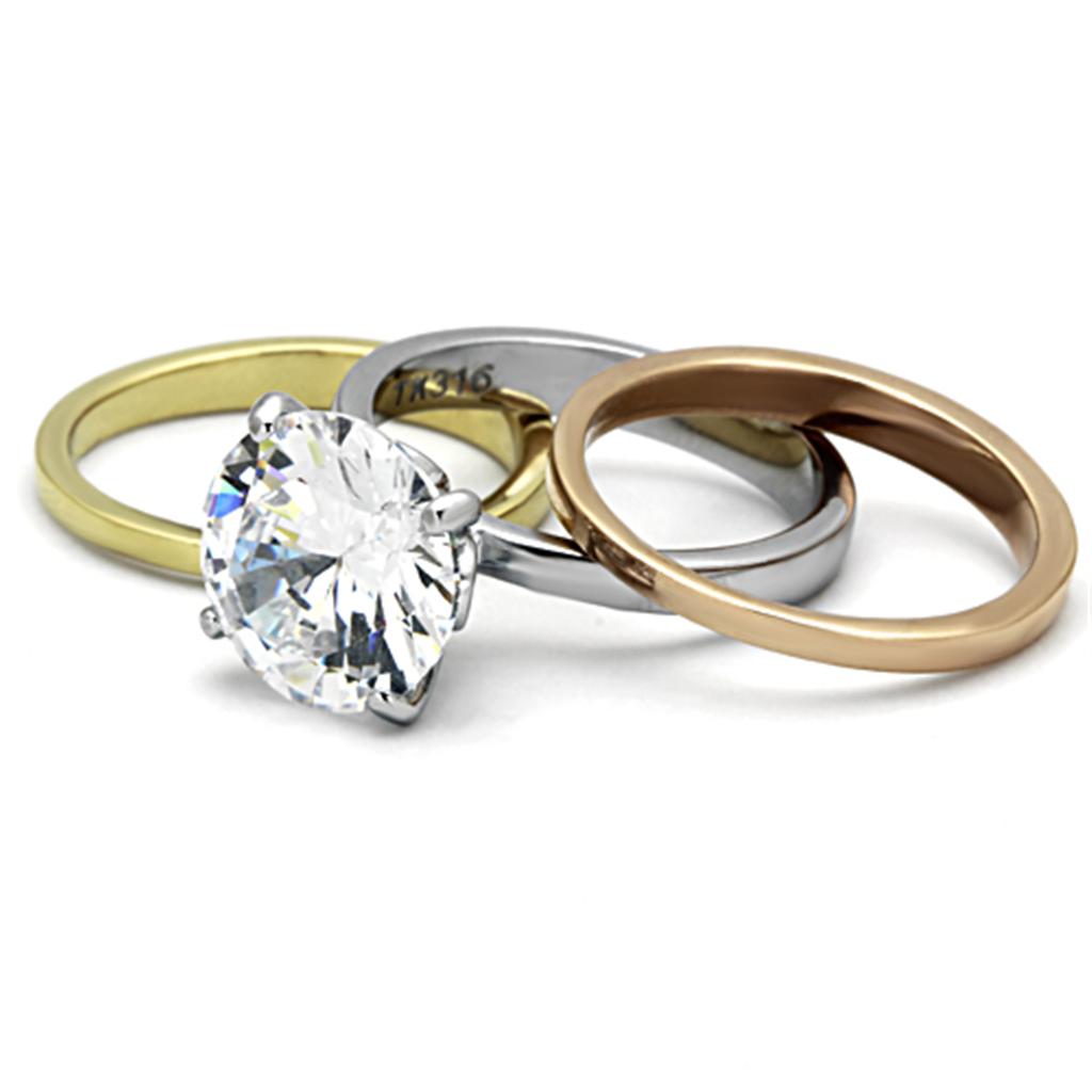 TK963 - Three Tone (IP Gold & IP Rose Gold & High Polished) Stainless Steel Ring with AAA Grade CZ in Clear