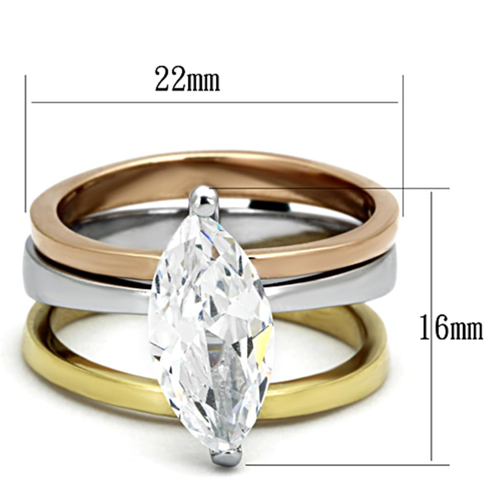 TK964 - Three Tone IP(IP Gold & IP Rose Gold & High Polished) Stainless Steel Ring with AAA Grade CZ in Clear