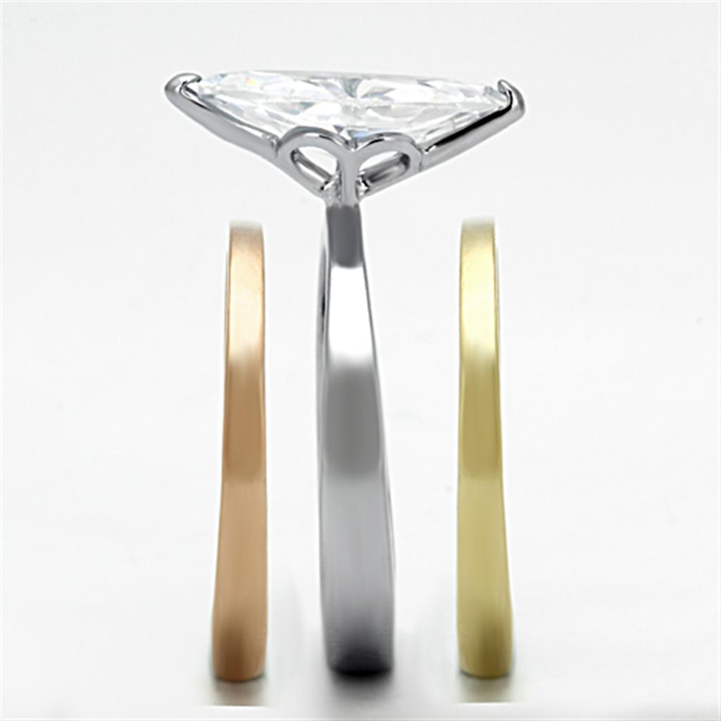 TK964 - Three Tone IP(IP Gold & IP Rose Gold & High Polished) Stainless Steel Ring with AAA Grade CZ in Clear