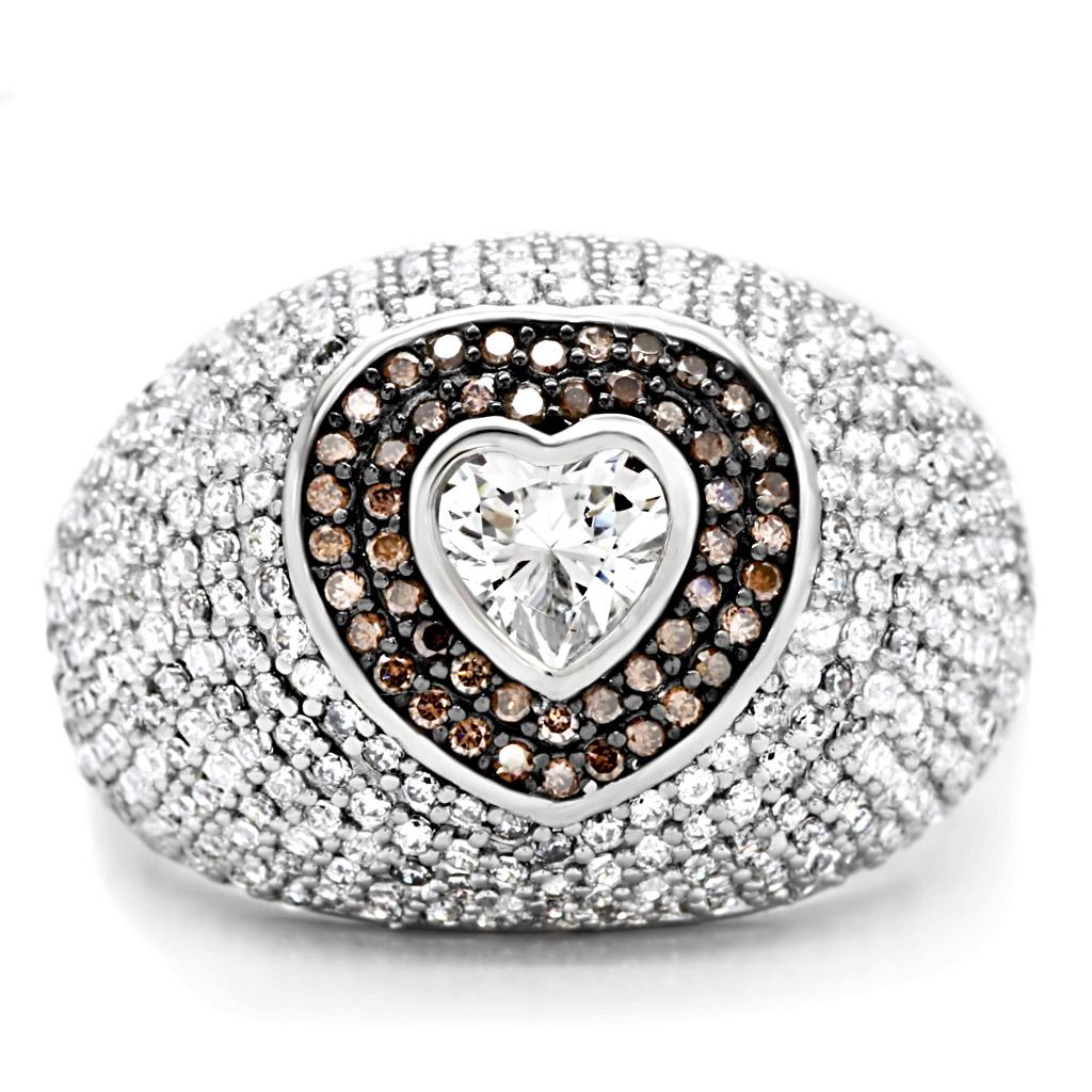 TS022 - Rhodium + Ruthenium 925 Sterling Silver Ring with AAA Grade CZ in Brown