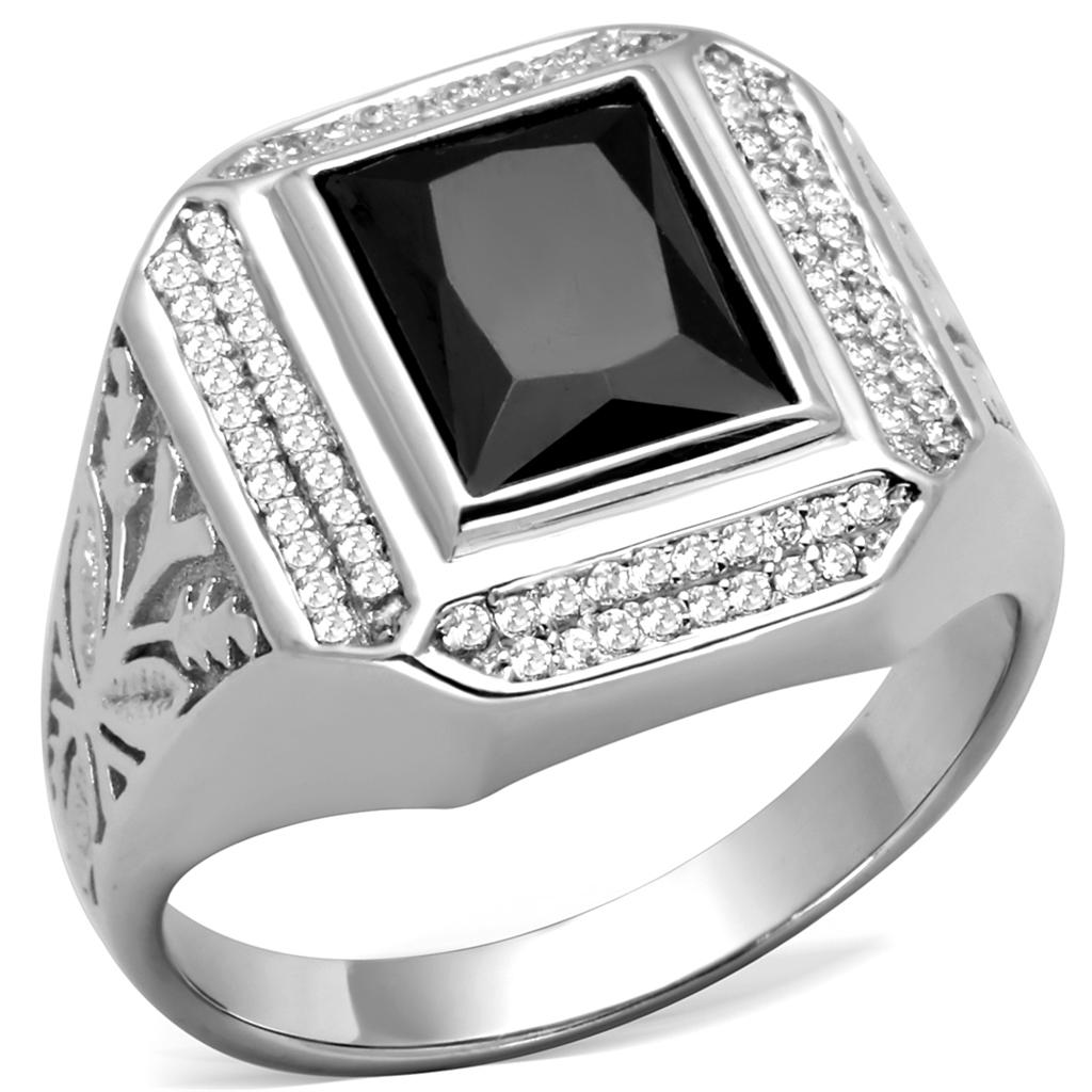 TS224 - Rhodium 925 Sterling Silver Ring with AAA Grade CZ in Black Diamond