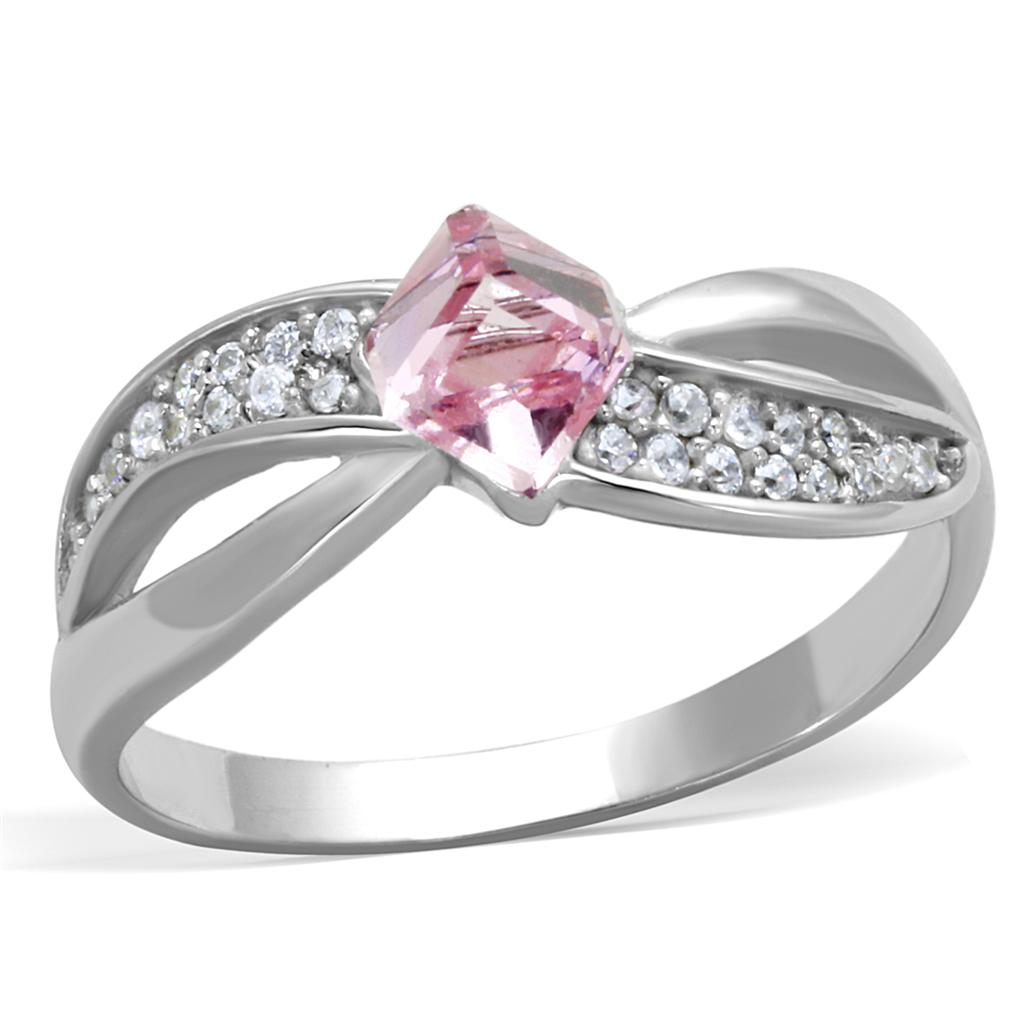 TS313 - Rhodium 925 Sterling Silver Ring with Top Grade Crystal in Light Rose