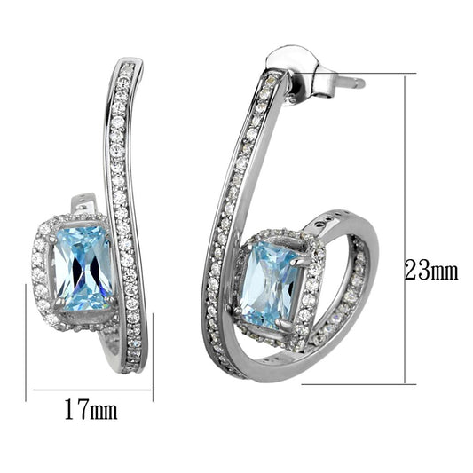 TS442 - Rhodium 925 Sterling Silver Earrings with AAA Grade CZ in Sea Blue