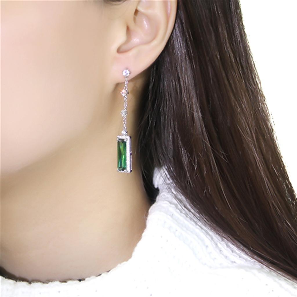 TS478 - Rhodium 925 Sterling Silver Earrings with AAA Grade CZ in Emerald
