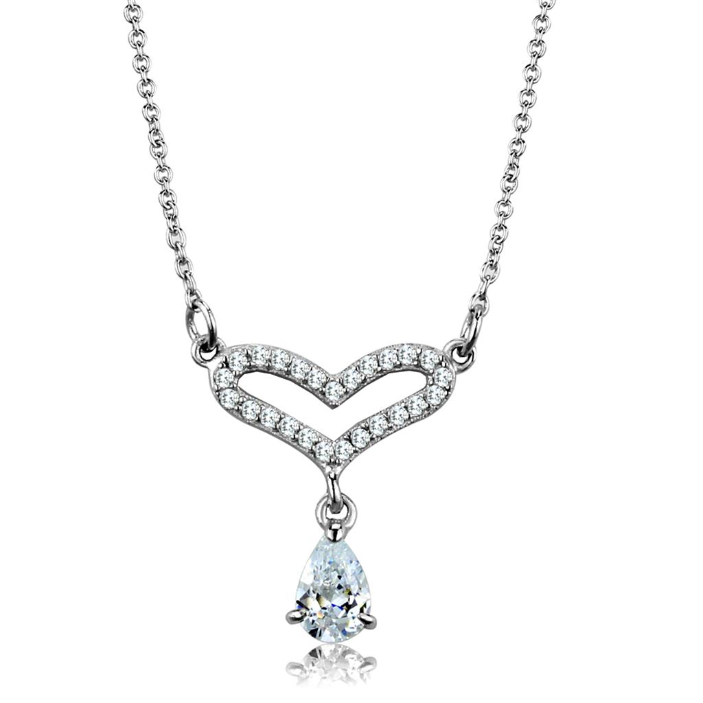 TS484 - Rhodium 925 Sterling Silver Necklace with AAA Grade CZ in Clear