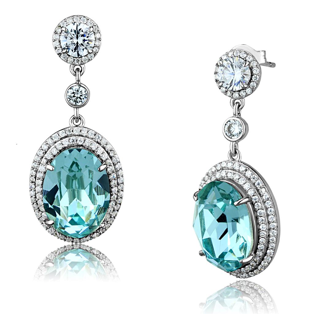 TS508 - Rhodium 925 Sterling Silver Earrings with Top Grade Crystal in Sea Blue