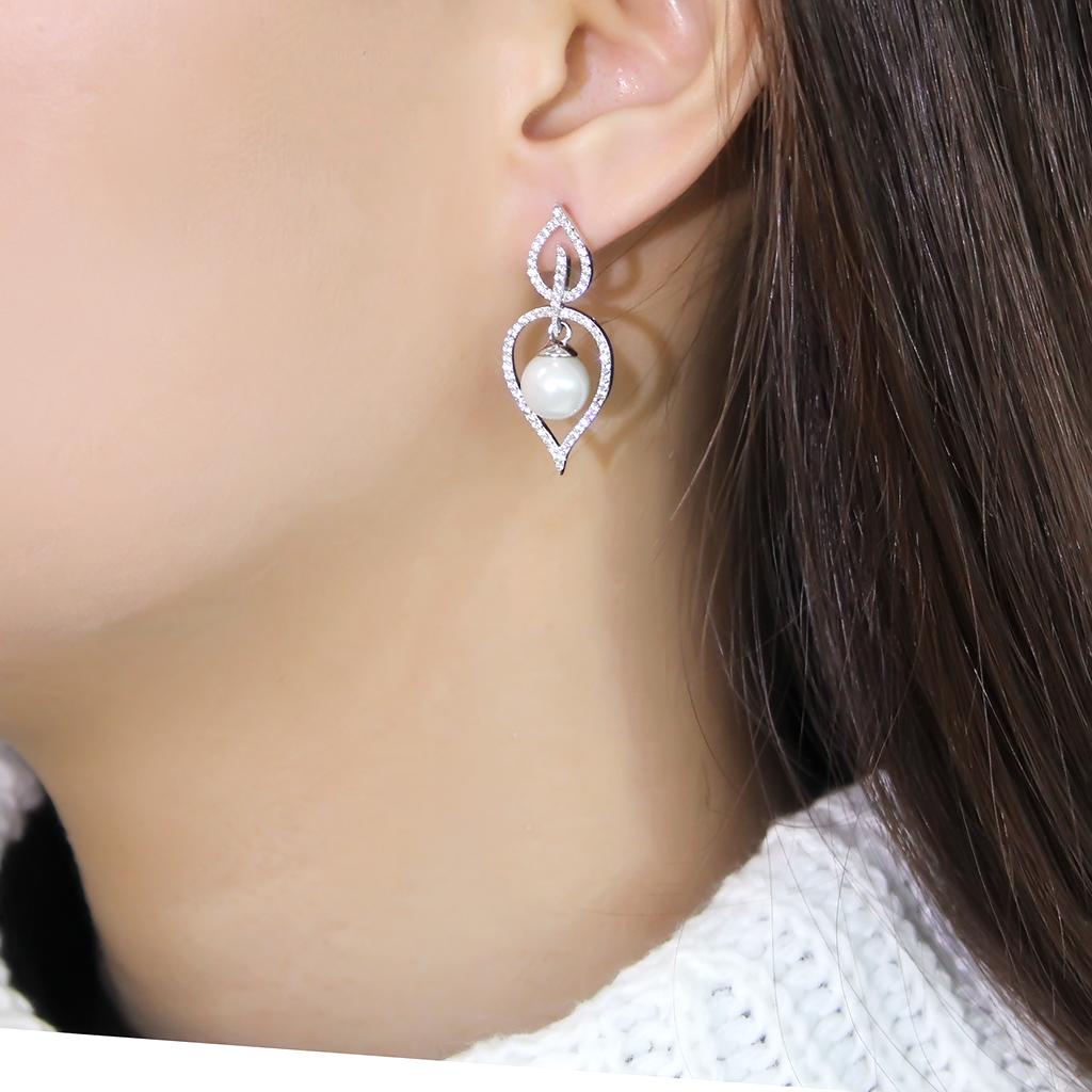 TS510 - Rhodium 925 Sterling Silver Earrings with Semi-Precious Glass Bead in White