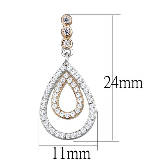 TS548 - Rose Gold + Rhodium 925 Sterling Silver Earrings with AAA Grade CZ in Clear