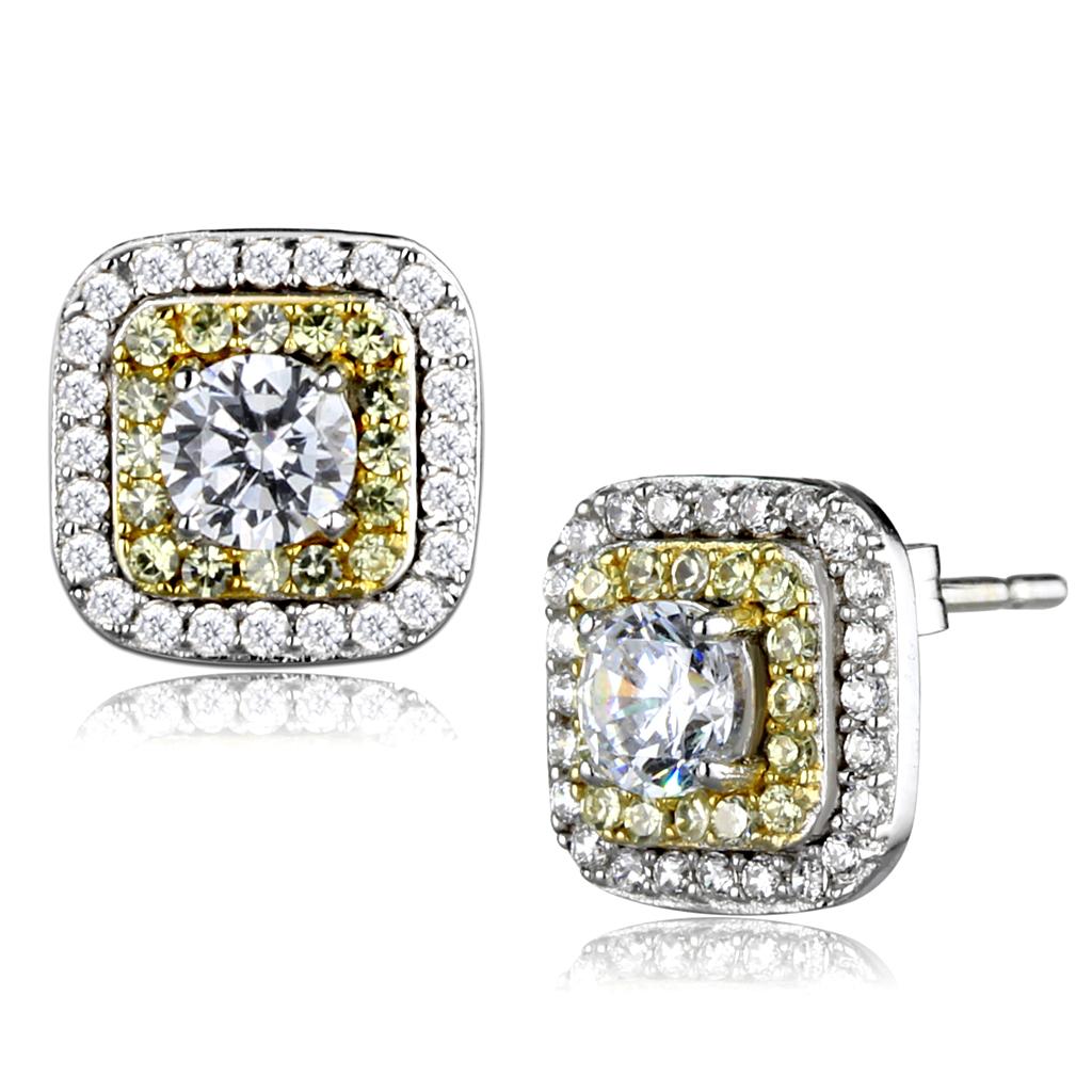 TS551 - Reverse Two-Tone 925 Sterling Silver Earrings with AAA Grade CZ in Clear