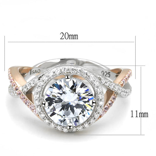 TS585 - Rose Gold + Rhodium 925 Sterling Silver Ring with AAA Grade CZ in Clear