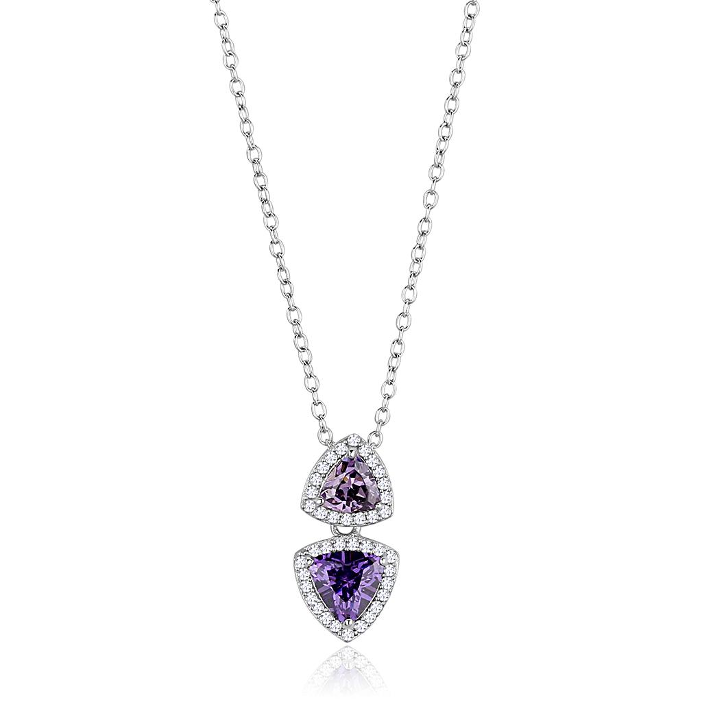 TS607 - Rhodium 925 Sterling Silver Chain Pendant with AAA Grade CZ in Amethyst