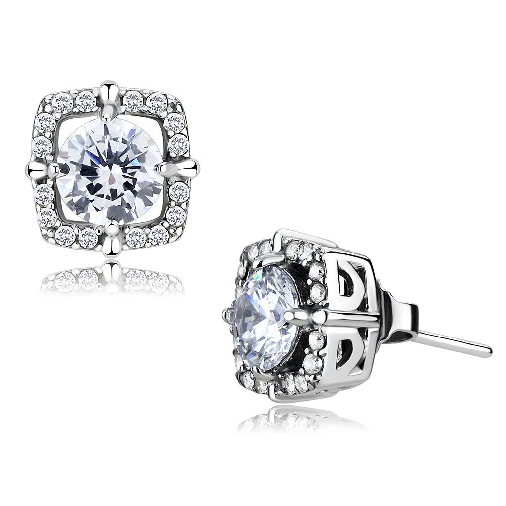 DA070 - High polished (no plating) Stainless Steel Earrings with AAA Grade CZ in Clear