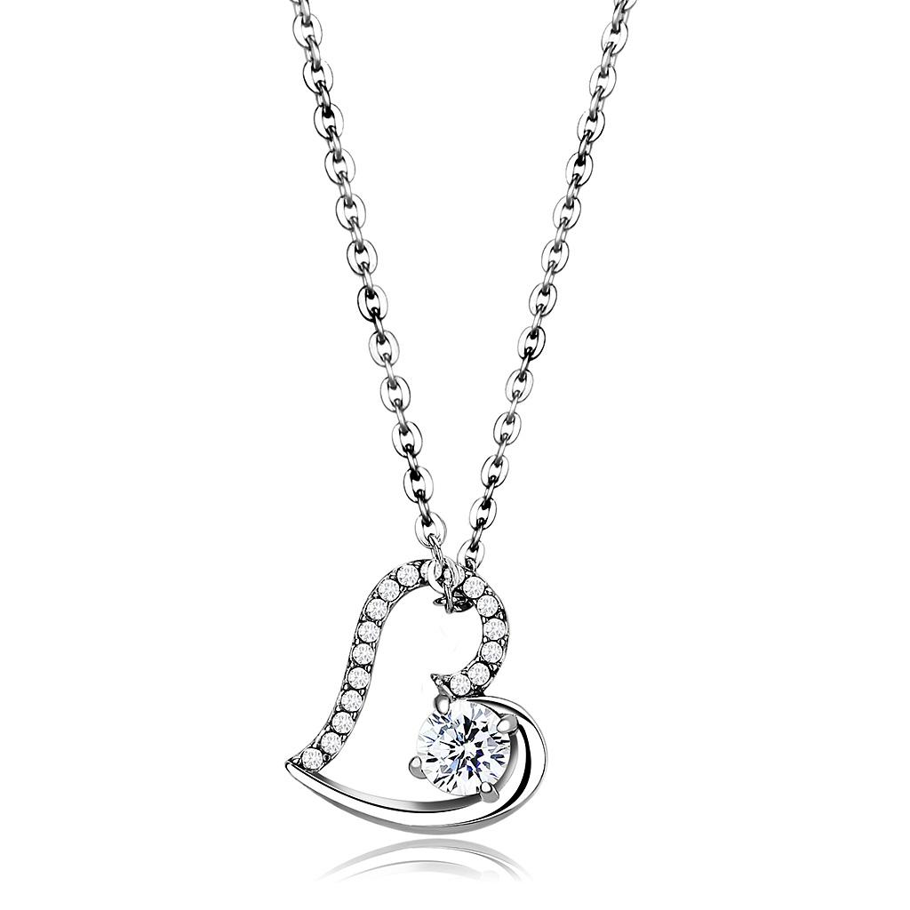DA084 - High polished (no plating) Stainless Steel Chain Pendant with AAA Grade CZ in Clear